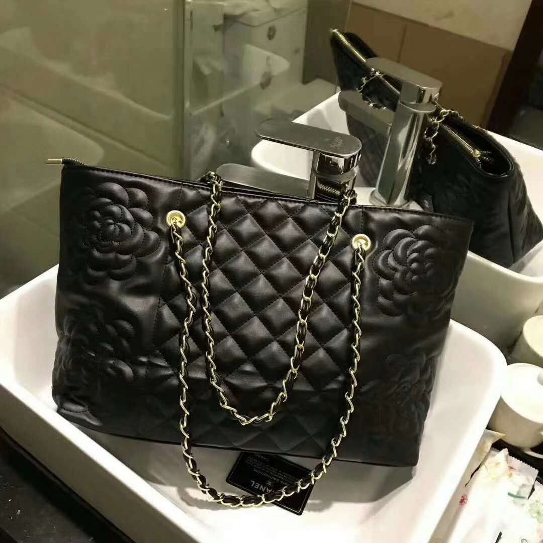 CHANEL Rosaire « Florence » Sheepskin Leather Tote Bag With Camellia Pattern Black  W35 x H26 x D12 CM
